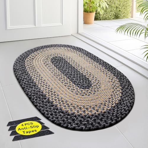 Oval Braided Rug 2'x3' with Anti-Slip Tapes, Polypropylene Waterproof Entry Mat, Indoor/Outdoor Mats for Front/Back Door, Kitchen Farmhouse Washable Rugs, Brown/Grey Rope Rug