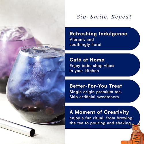 Image of Herbs & Kettles Lavish Blue Tea Boba Kit | Butterfly Pea Flower Tea with Green Tea, Lemongrass, Ginger & Mint + Chewy Tapioca Pearls | DIY Color-Changing Bubble Tea Kit with Reusable Straws |