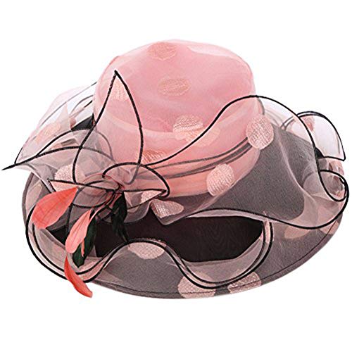 June's Young Women Church Derby Hat Sun Hats Wide Brim Fancy Derby Hat Polka Dot Pink