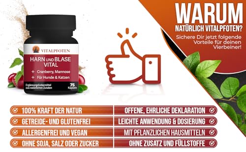 Vitalpfoten 3x75 Harn und Blase Vital Kapseln für Hunde & Katzen mit Cranberry, Mannose und Brennnessel, pflanzliche Hausmittel - Rezeptur für die Blase, Nieren und Harnwege