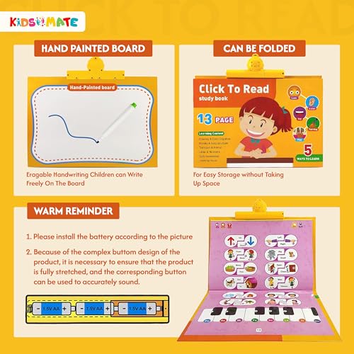 Image of Kidsmate Click to Read Intelligence Study Book with 13 Interactive Pages & Handwriting Board | Earlyspark Activity Book - Touch, Listen, and Learn with Every Page Includes Hand-Painted erasable Board
