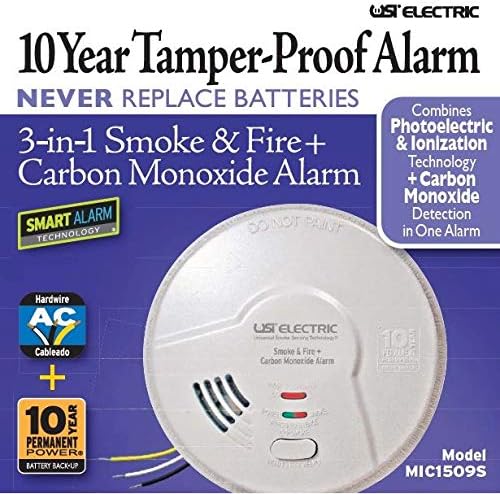 Universal Security Instruments Hardwired 10 Year Tamper Proof Permanent Power Sealed Battery 3-in-1 Universal Smoke Sensing & Carbon Monoxide Combination Alarm, Model MIC1509S,white