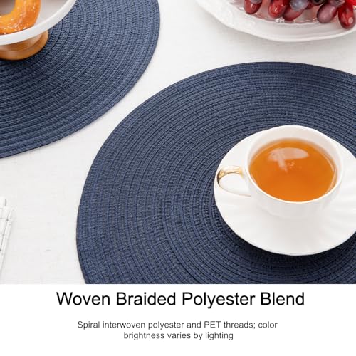 Image of SHACOS Round Placemats Set of 6 Washable 15 inch Circle Polyester Woven Braided Place Mats for Dining Table Indoor Outdoor Table Mats Home Party Wedding Decor (Navy, 6)