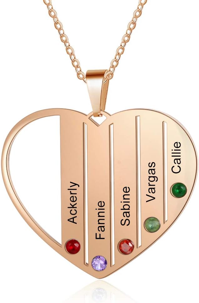Personalized Hearts Necklace with 4/5/6 Simulated Birthstones for Women Customized Mothers Names Necklace for Mother's Day Relationship Necklace Family Name Necklaces for Mom (Rose gold, 5 names)