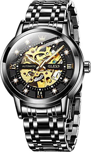 OLEVS Mens Automatic Watch Skeleton Black Diamond Luxury Mechanical Self Winding Dress Business Wrist Watch Waterproof Luminous