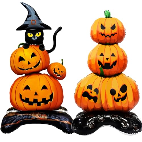 2 Pieces Large Halloween Pumpkin Foil Balloons 43 Inches Standing Stacked Pumpkins Mylar Balloons and 27 Inches Black Cat with Witch Hat Blow Up Decorations for Halloween Spooky Party Supplies