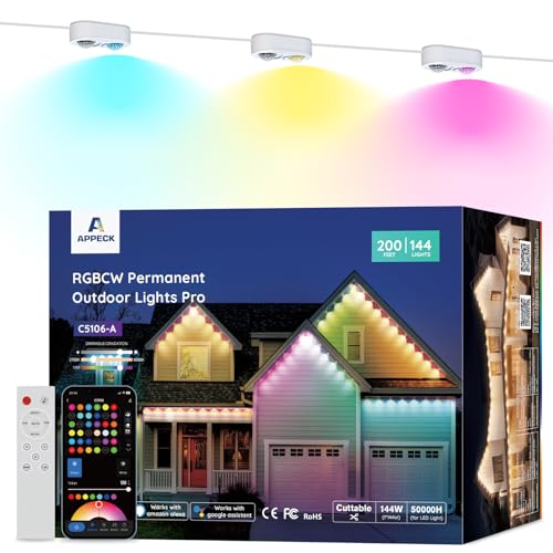 APPECK Permanent Outdoor Lights Pro 200ft, 144W RGBCW Eaves Lights with 144 LED Lights, 80lm, Cuttable, 111 Scene Modes, IP67 Waterproof Lighting for Christmas Decoration, Work with Alexa, White