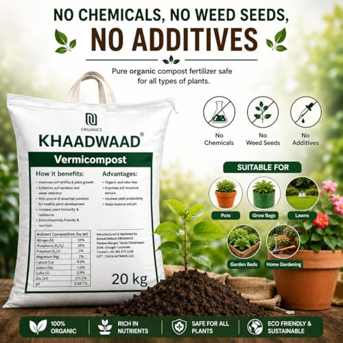 Image of Organic Vermicompost Fertilizer for Plants | Natural Manure & Soil Enricher for Home Garden, Terrace Garden, Pots, Planters & Vegetable Plants - 20kg