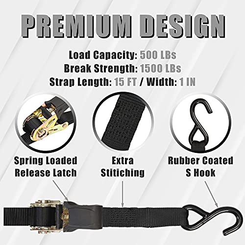 Image of Torin Ratchet Tie Down Straps, 1500 lbs Break Strength, 4-Pack 15 ft, Safety Lock S Hooks, 4 Soft Loops for Moving Cargo, Appliances, Lawn Equipment, Motorcycle, Black, ATRTD1009B