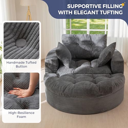 Image of MAXYOYO Oversized Round Chaise Lounge Sofa, Upholstered Lounge Chair with 3 Pillows, Boneless Sofa Couch with Ottoman, Deep Seat Chair for Living Room, Bedroom, No Assembly, Dark Grey