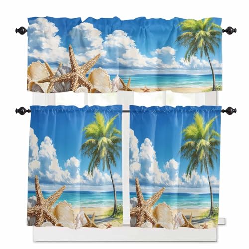 Beach Blue Kitchen Curtains 36 Inch Length, 3 Piece Rod Pocket Small Half Tiers and Valance Set, Starfish Palm Tree Shell Sandy Beach Small Large Window Treatment Decor for Bedroom/Bathroom Sink