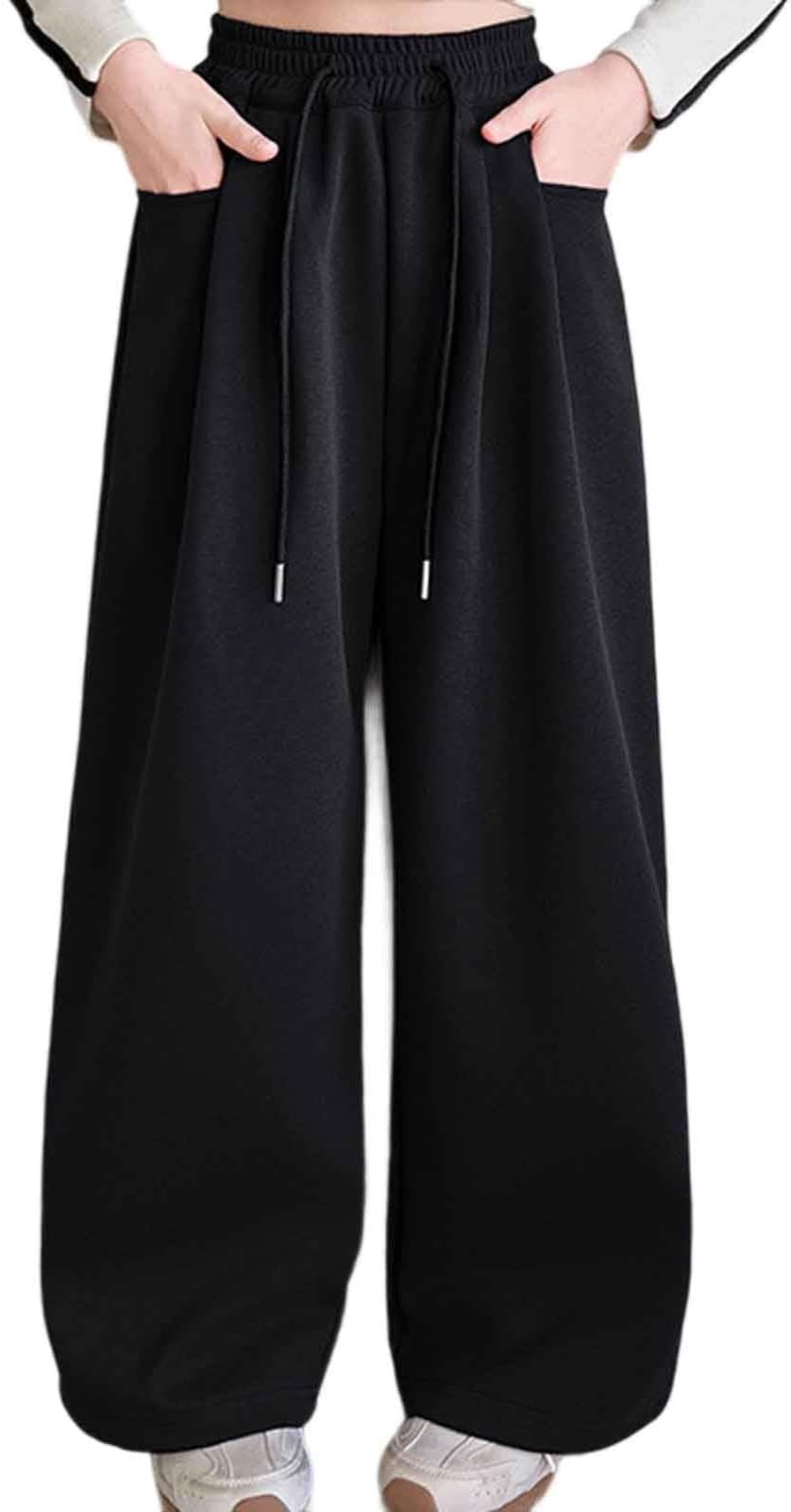 Boys' Open Bottom Fleece-Lined Sweatpants with Pockets High Elastic Waist Baggy Wide Straight Leg Pants 5-15 Years