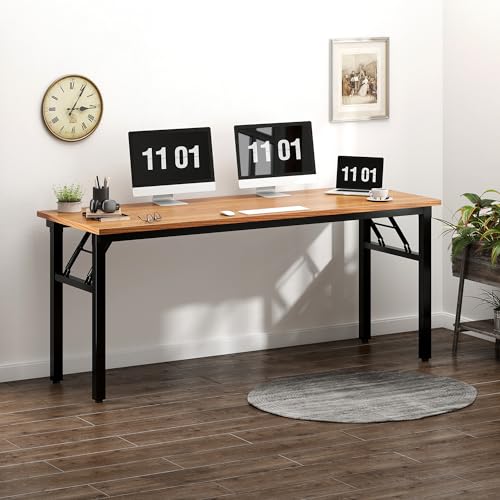 Image of Need Folding Computer Desk, Large 62 inches Folding Table for Home Office, No Install Needed Foldable Writing Table Long Desk, Space-Saving, Teak and Black