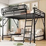KEIKI Full Size Metal Loft Bed Frame with Ladder and Built-in Storage Shelves, for Teens, Modern Style Loft Bed with Solid Slats, Guardrail, No Box Spring Required, Easy Assembly, for Bedroom, Black
