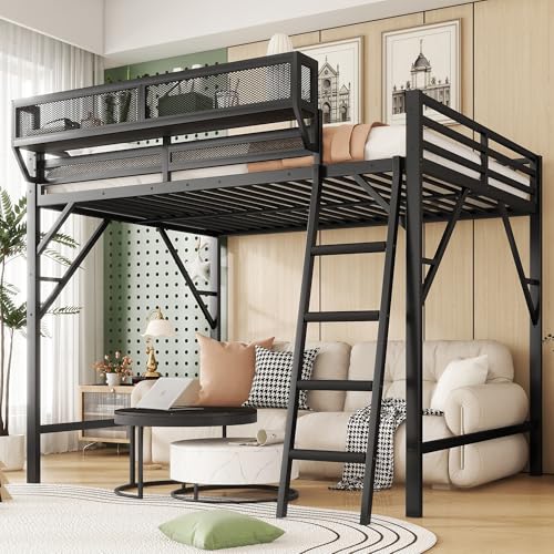 KEIKI Full Size Metal Loft Bed Frame with Ladder and