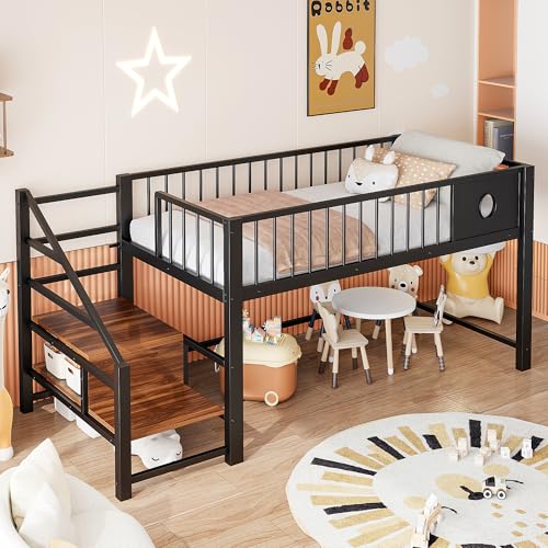 LZPUOUI Estructura de Cama Alta de Metal 90x200cm con Escalera de Almacenamiento Lateral Compartimentada como Marco de Gran Estabilidad y Base para Somier de Dormitorio Negro