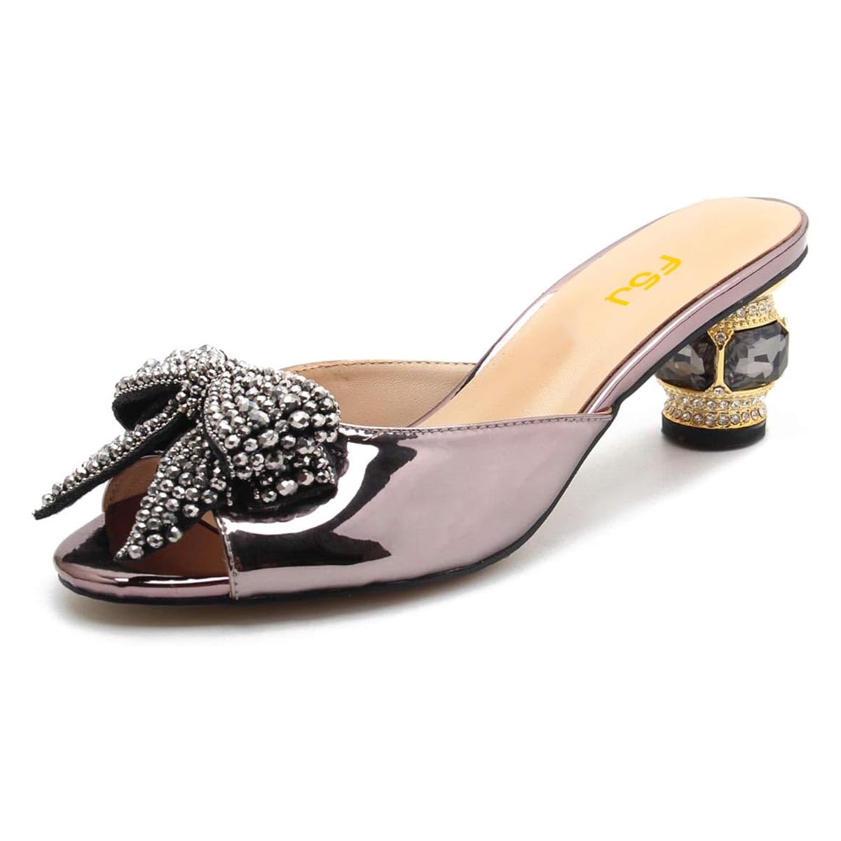 FSJ Women Rhinestone Bow Low Heel Mule Sandals Peep Toe Crystal Block Heel Slipper Shoes for Comfort Wedding Slides Size 4-16 US