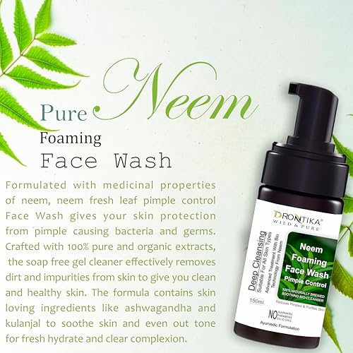Image of Drontika Wild & Pure Neem Foaming Face Wash - 100% Natural Antibacterial Cleanser for Acne, Pimples & Oily Skin - Purifies Pores, Sulfate-Free Formula - 300ml