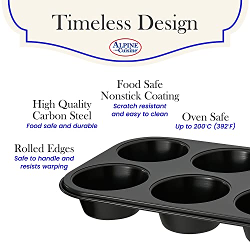 Alpine Cuisine Carbon Steel Muffin Pan 6 Cup | Non-Stick Coating, Perfect For Making Muffins & Cupcake Pan | Easy Clean - Dishwasher Safe (Black) #TOP3