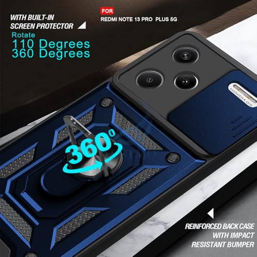 Image of AESTMO Tough Armor Redmi Note 13 Pro Plus 5G Bumper Back Case Cover | Ring Holder & Sliding Camera Shield Cover | 360 Degree Protection Back Case Cover for Redmi Note 13 Pro Plus 5G (Blue)