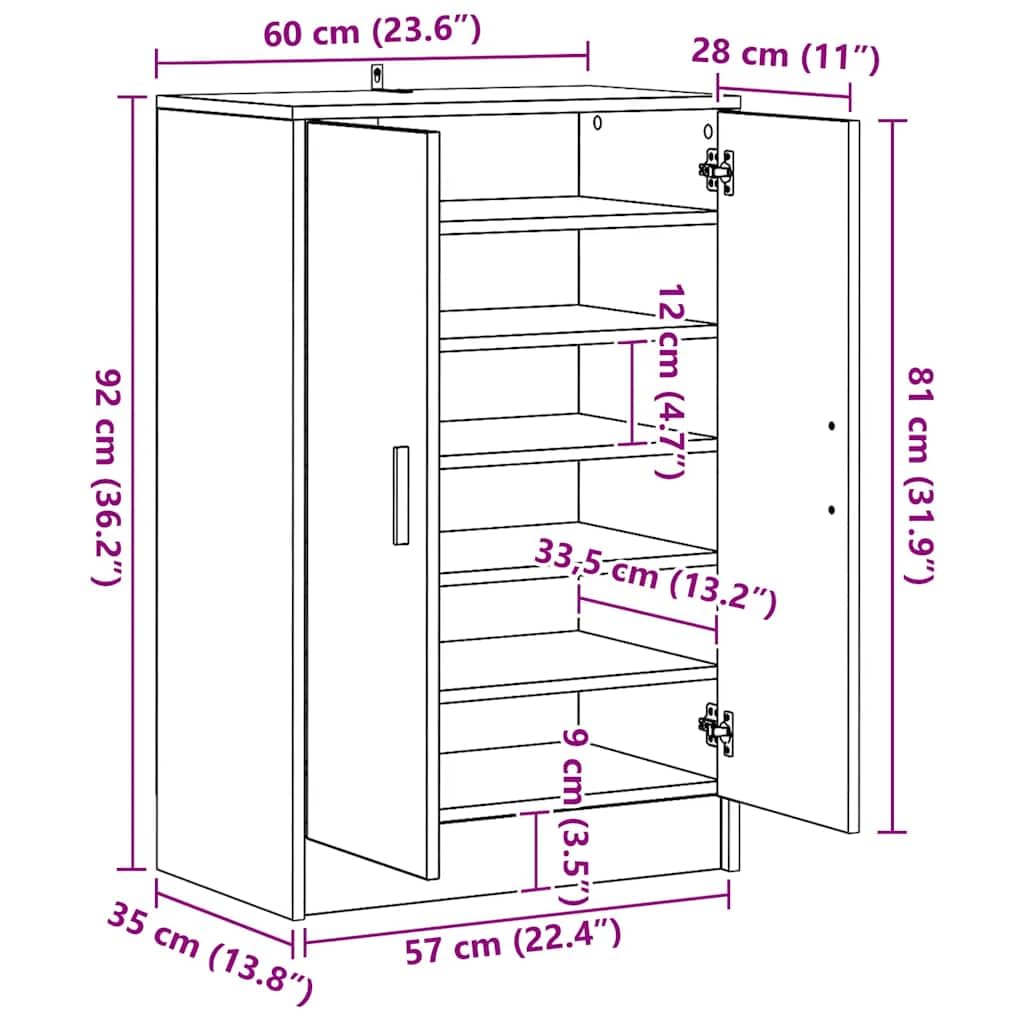 Szafka na buty, dąb wędzony, materiał drewnopochodny 60 x 35 x 92 cm z drzwiami, organizer do korytarza, sypialni, zamknięte przechowywanie, stabilna półka, możliwość mocowania na ścianie