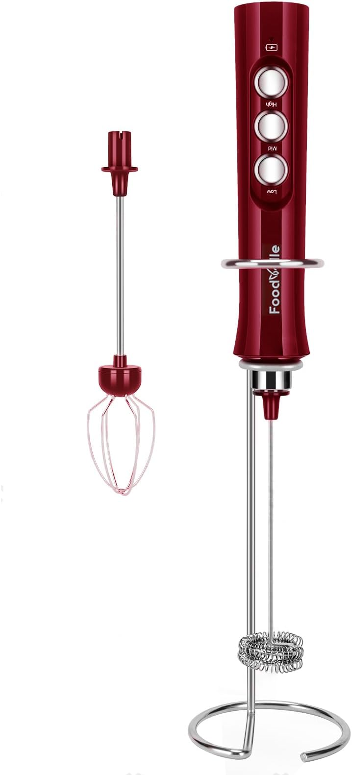 FoodVille MF02 Rechargeable Milk Frother Handheld Foam Maker with Stainless Whisk for Cappuccino, Latte, Bulletproof Coffee, Keto Diet, Protein Powder, Matcha (Viva Red)