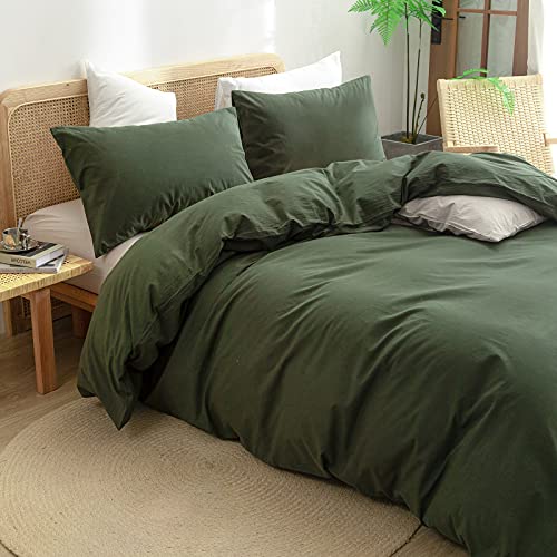 Image of BESTOUCH Cotton Solid Duvet Cover Set Olive Green Oversized Queen | 100% Washed Cotton, Soft Wrinkle Texture, Hidden Zipper, 8 Ties, Breathable Lightweight Durable Comfy, 3 Pcs No Insert