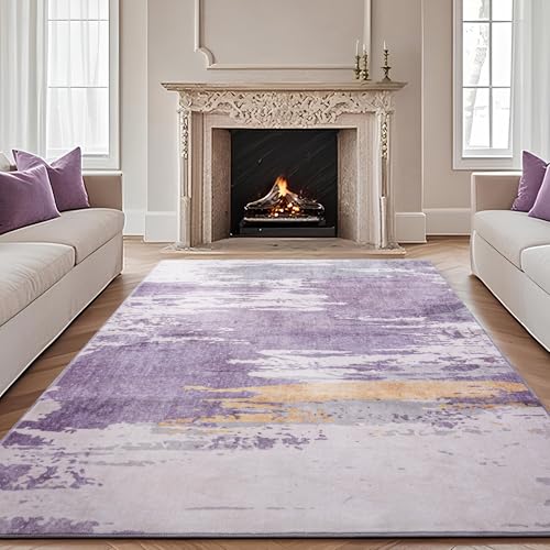Carvapet 10x13 Rugs for Living Room Bedroom, Washable Purple Abstract Large Carpet, Low Pile, Non Slip, Foldable, Soft Area Rug with Rubber Backing (10 x 13 Feet, Lavender)