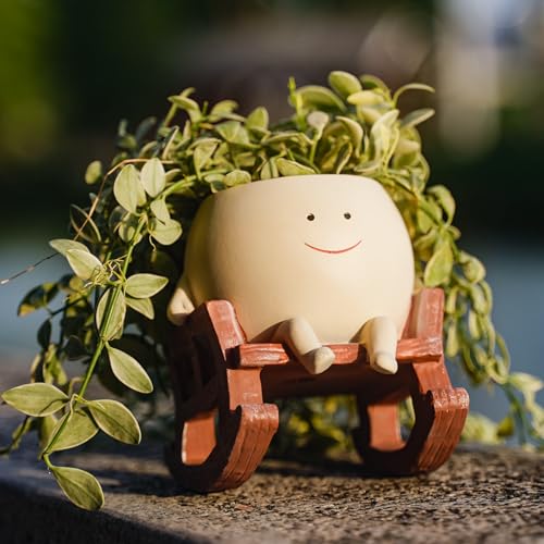 Cute Small Flower Pot for Succulents, Smiley Face Rocking Chair Planter Pots with Drainage Hole, Mini Desk Planter for Office Home Decoration to Relieve Stress, Gift for Child, Mom, Gardener