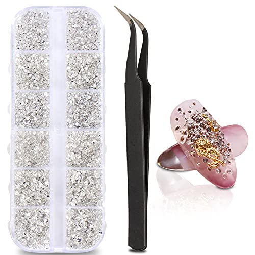 3400Pcs Clear Nail Art Rhinestones, EUUPS Transparent Flatback Gems Round Crystal Rhinestones Nail Gems Stones Studs 6 Sizes with Pick Up Tweezer for Nail Art Makeup Clothes Shoes Bags DIY