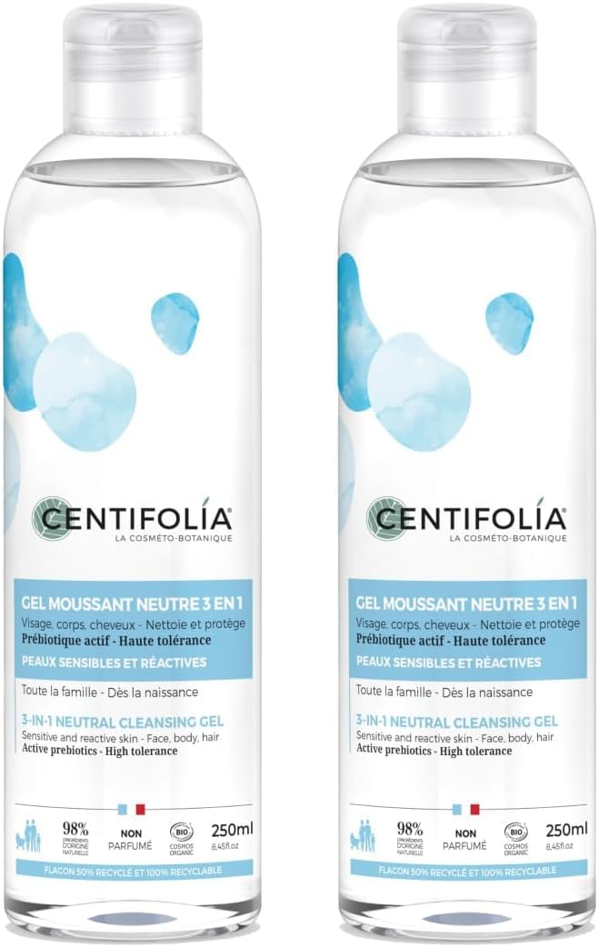 CENTIFOLIA | Gel Moussant Neutre 3en1 Bio | Visage, Corps & Cheveux | Peaux Sensibles & Réactives | Prébiotique Actif | Sans Parfum | Toute la Famille | Fabriqué en France | Lot de 2 x 250ML