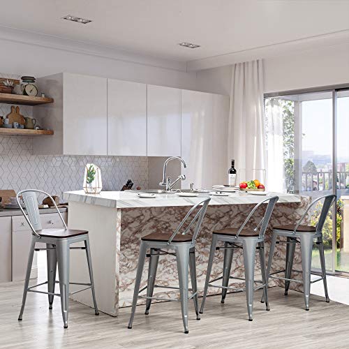 Yongqiang 24" Bar Stools Set Of 4 High Back Metal Counter Height Chairs Barstools With Wooden Seat Industrial Bar Chairs Silver #TOP4