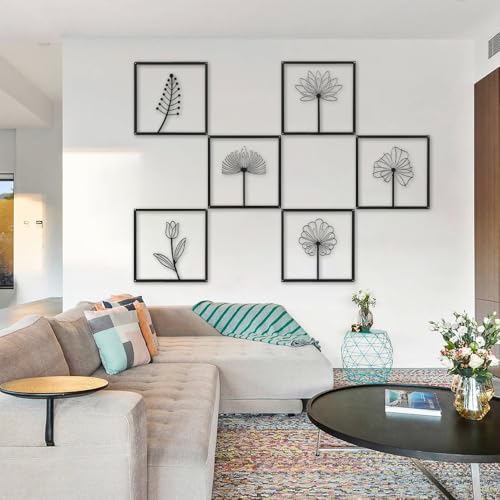 Miniatura 4 de Rongxze 6 Piezas De Decoración De Pared De Metal, Arte De Flores Y Hojas De Hierro Negro 25 25cm Marco Cuadrado Para Decoración De Pared Para Salón, Dormitorio, Oficina, Interior Y Exterior