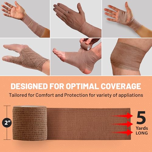 Self Adherent Cohesive Tape - 2" x 5 Yards, 12 Pack (Medium Tan) Self Adhesive Bandage Rolls & Sports Athletic Wrap for Ankle, Wrist, Knee Sprains and Swelling miniatura 2