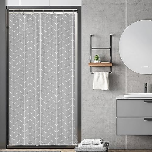 Riyidecor Small Stall RV Gray Grey Shower Curtain Liner for Bathroom Narrow Dorm Half Size Stand Up 36x72 Inches Wide Single Chevron Herringbone Geometric Tiny Walkin Fabric Polyester Bathroom