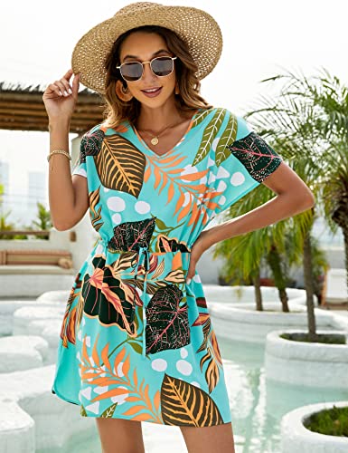 Bluetime Women Casual Swim Cover up V-Neck Summer Coverups Flowy Short Sleeve Mini Beach Dress3