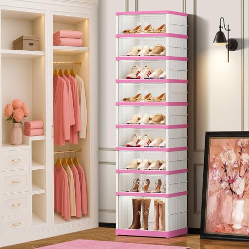 Image of CIMLORD 9-Tier Foldable Shoe Rack Organizer with Doors, 18 Pairs,White-Pink | Collapsible Slim Shoe Rack for 18 Pairs, Lidded Boxes, Stackable, Clear Door, Easy Assembly, for Closet