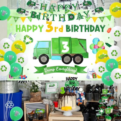 Balterever 3rd Birthday Garbage Truck Decoration - Boys Trash Truck Bday Backdrop Banner, Cake Toppers, Number 3 Balloon for Waste Management Recycling Party Supplies by Balterever - Image 2