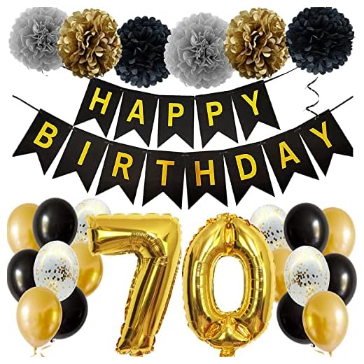 Feelairy 70. Decoraciones de Cumpleaños Oro Negro - Guirnalda de Feliz Cumpleaños, Pompones de Papel, Gigantes Globos Papel de Aluminio Número 70 Fiesta de Cumpleaños para Hombres, Mujeres, Adultos