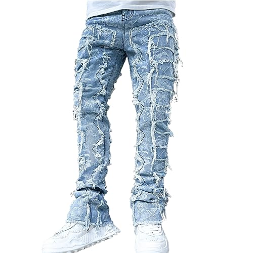 XBTCLXEBCO Mens Ripped Stacked Jeans Distressed Destroyed Straight Jeans Skinny Patchwork Denim Pants Street Hip Hop Trousers2