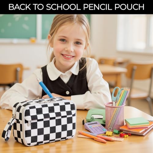 Image of WOBAGMEN Cute Pencil Case,Large Corduroy Zippered Pencil Case Pouch, aesthetic Pencil Bag with Compartments(Black Gingham)
