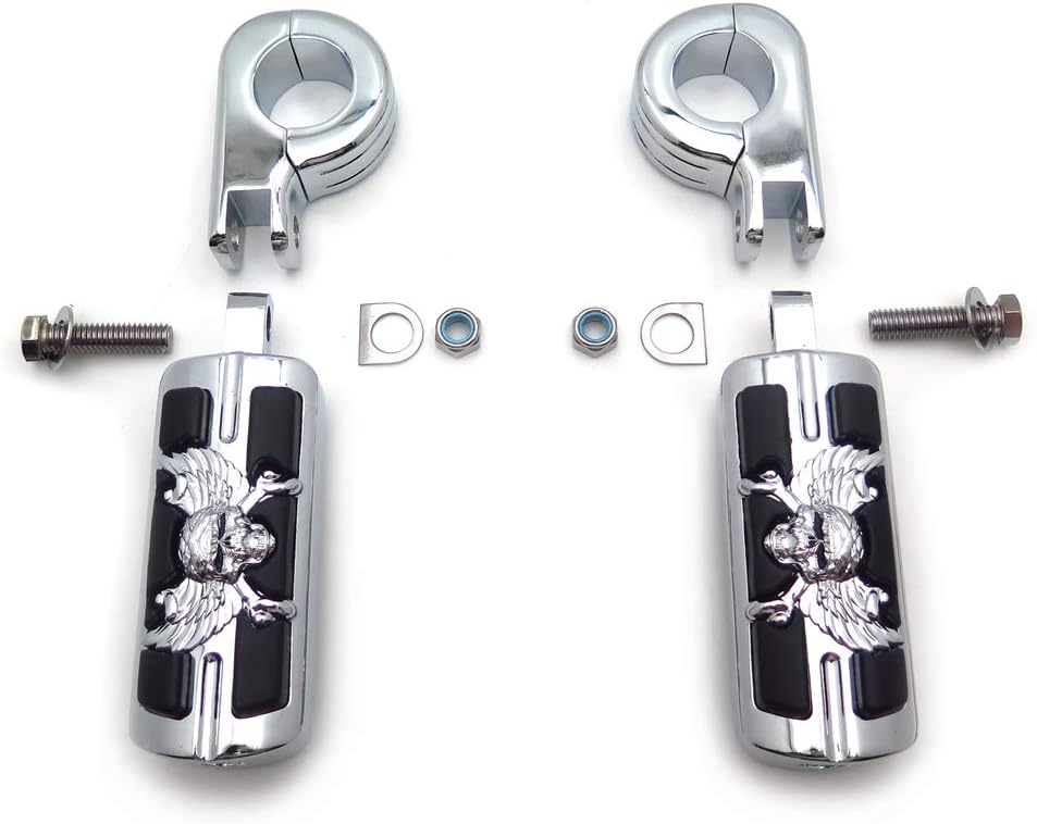 XKMT-Wing Skull Zombie Shape 1 1/4" Highway Stiletto 4475 Foot Pegs P-Clamps Compatible With H-D Sportster Touring Chrome Body Black Rubber Quality Product [B013OWDQQA]
