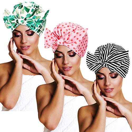 3 Pieces Shower Caps Waterproof Bowknot Bathing Caps Reusable Shower Cap Multi-functional Shower Cap for Women Girls(Stripe, Palm Leaves, Dots)