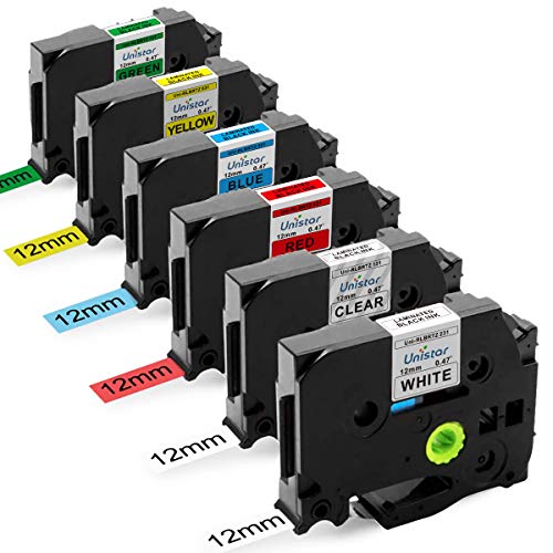 Unistar Compatible Label Tape Replacement for Brother PTouch TZ Tze231 PTD210 PTH110 PTD200,12mm 0.47 Inch Black on White Clear Red Blue Yellow Green Tape 6 Pack