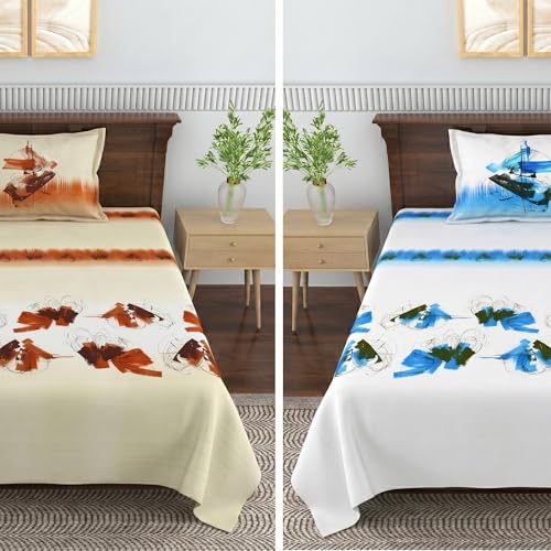 Image of Mafatlal Soft Cotton Single Bed Sheet Combo Pack of 2 with Pillow Covers | Floral Printed Bedsheets for Single Bed | Beige Brown & White Blue