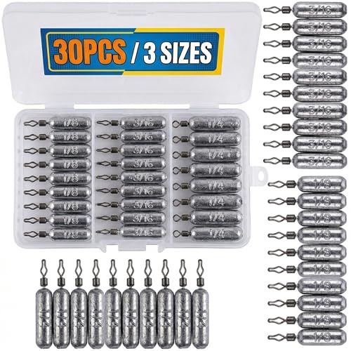 Hfuiqau 30/55pcs Drop Shot Weights Fishing Sinkers Kit Pencil Fishing Weights with 360 Barrel Swivels Tight Weight Lead Sinker Assortment Divided Storage Box for Freshwater Saltwater Bass Fishing