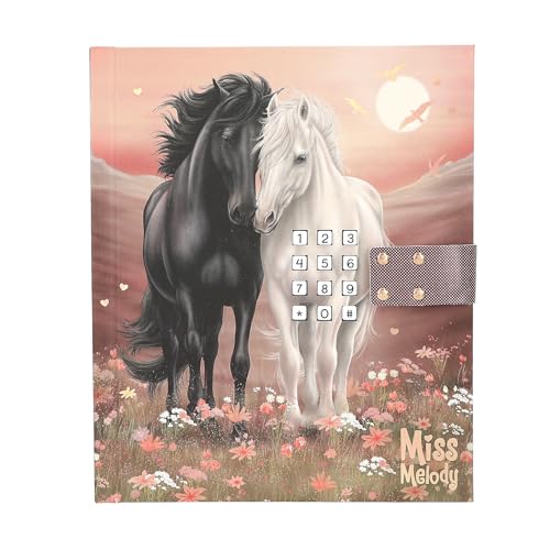 Depesche 13998 Miss Melody - Tagebuch mit Zahlen-Code und Sound, in Rosé und Rot, mit Pferde Motiv und Blumen, inkl. 80 fein linierten und bunt illustrierten Seiten