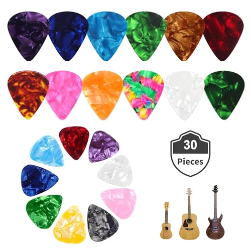 Kafeiya 30 Piezas Púas para Guitarra,Púas de Celuloide,3 Espesores 0,46/0,71/0,96mm,Púas de Celuloide para Guitarras Eléctricas,Clásica,Acústicas,Bajo o Ukelele