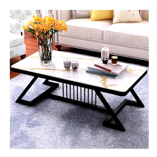 Image of Modern Rectangular Marble-Like Top Coffee Table with Metal Base for Living Room Sofa Center Tea Table for Home & Office Easy DIY Assembly (90 x 48 x 48 cm) (Black White)