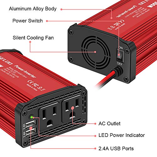 GELOO 300W Power Inverter, DC 12V to 110V AC Car Power Converter with 4.8A Dual USB Ports Car Charger Adapter (Red)